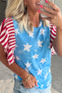 Vintage Star Print Striped Ruffle Sleeve Patchwork Top