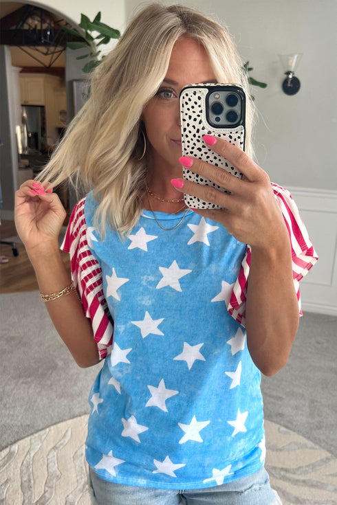 Vintage Star Print Striped Ruffle Sleeve Patchwork Top