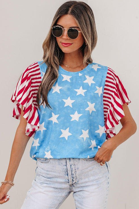 Vintage Star Print Striped Ruffle Sleeve Patchwork Top