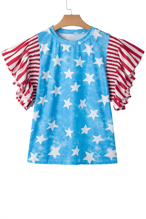 Vintage Star Print Striped Ruffle Sleeve Patchwork Top