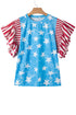 Vintage Star Print Striped Ruffle Sleeve Patchwork Top