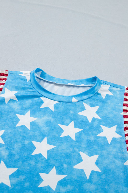 Vintage Star Print Striped Ruffle Sleeve Patchwork Top