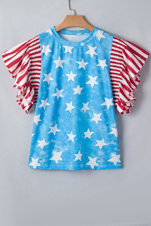 Vintage Star Print Striped Ruffle Sleeve Patchwork Top