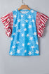 Vintage Star Print Striped Ruffle Sleeve Patchwork Top