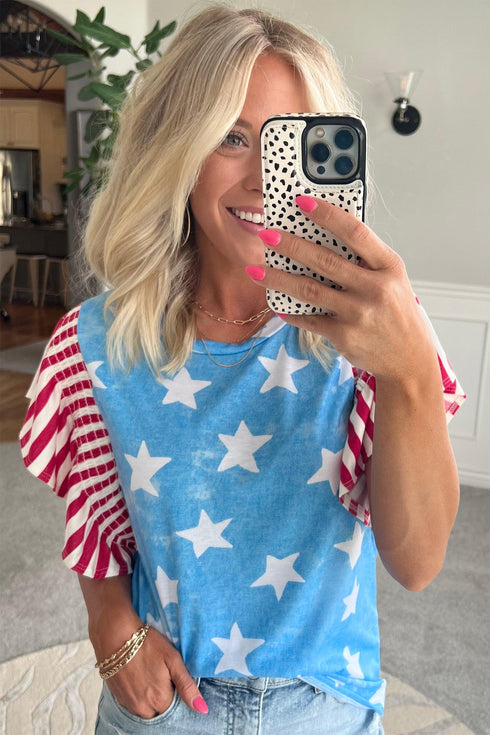 Vintage Star Print Striped Ruffle Sleeve Patchwork Top