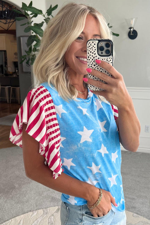 Vintage Star Print Striped Ruffle Sleeve Patchwork Top