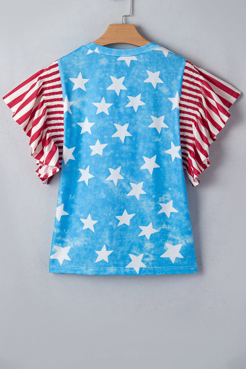 Vintage Star Print Striped Ruffle Sleeve Patchwork Top