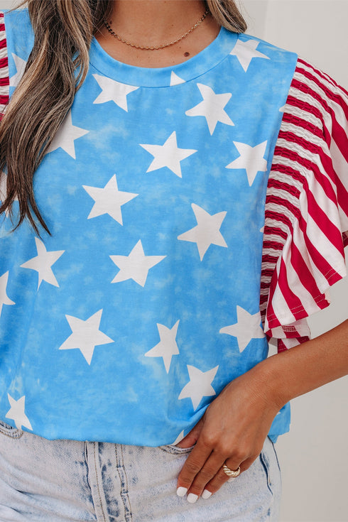 Vintage Star Print Striped Ruffle Sleeve Patchwork Top