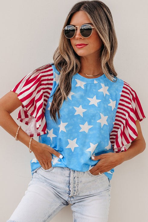 Vintage Star Print Striped Ruffle Sleeve Patchwork Top