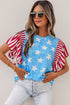 Vintage Star Print Striped Ruffle Sleeve Patchwork Top