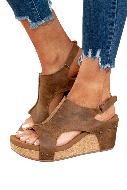 Vintage Style Studded Faux Leather Wedge Sandals