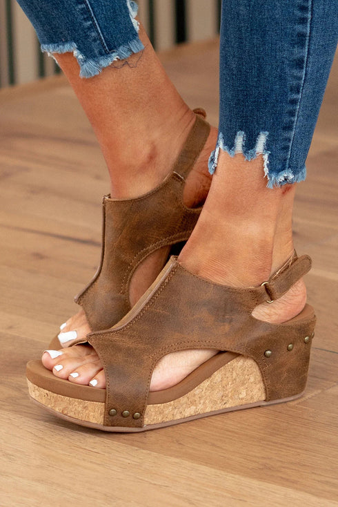 Vintage Style Studded Faux Leather Wedge Sandals