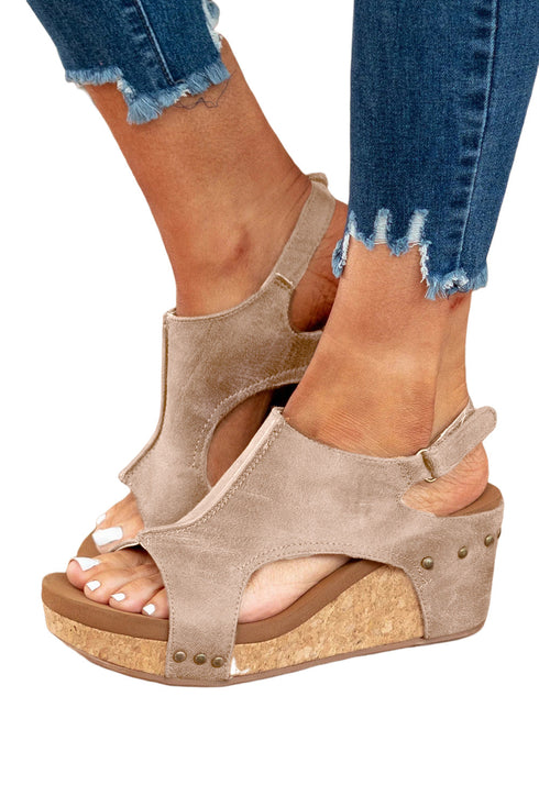 Vintage Style Studded Faux Leather Wedge Sandals
