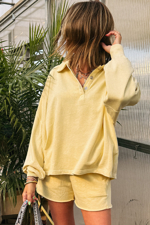 Vintage Wash Collared Button Placket Oversized Top Matching Shorts Lounge Set