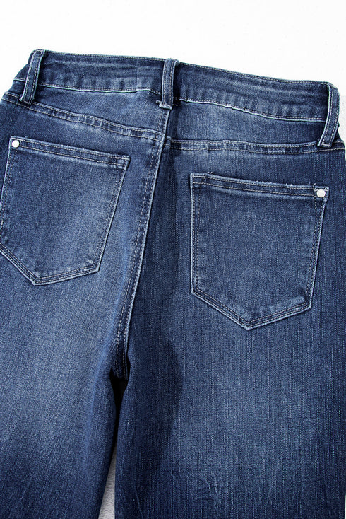 Vintage Wash Distressed Raw Hem High Waist Flared Jeans