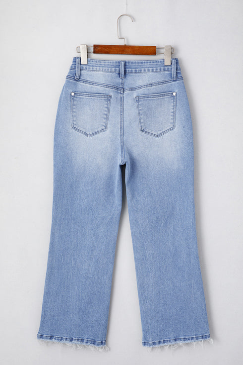 Vintage Wash Distressed Raw Hem High Waist Flared Jeans