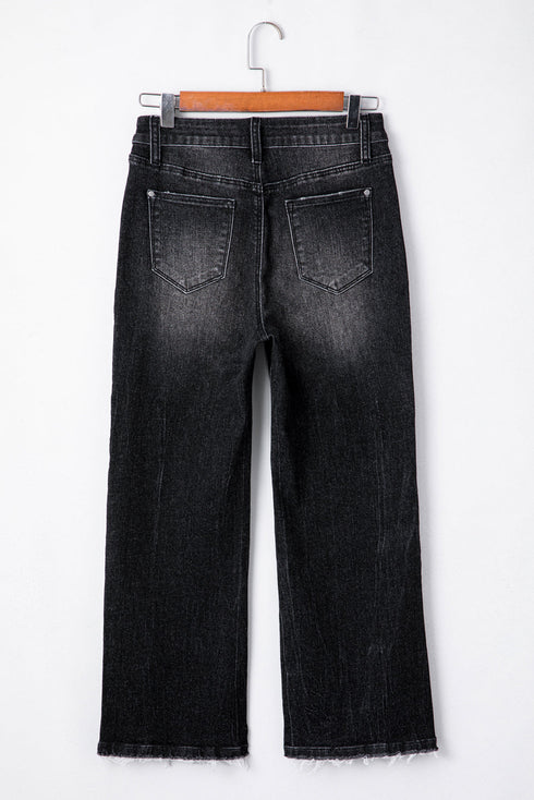 Vintage Wash Distressed Raw Hem High Waist Flared Jeans