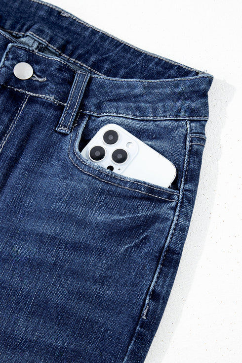 Vintage Wash Distressed Raw Hem High Waist Flared Jeans