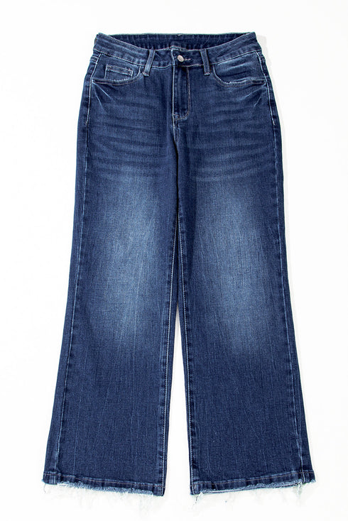 Vintage Wash Distressed Raw Hem High Waist Flared Jeans