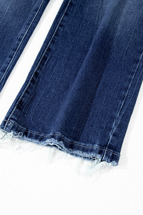 Vintage Wash Distressed Raw Hem High Waist Flared Jeans