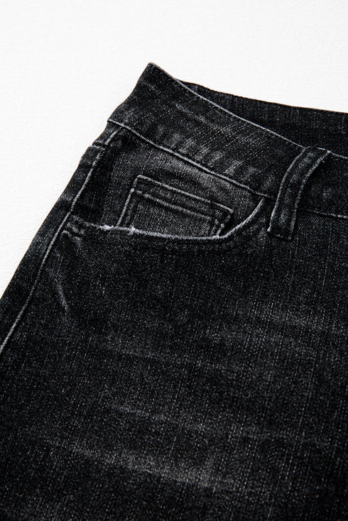 Vintage Wash Distressed Raw Hem High Waist Flared Jeans