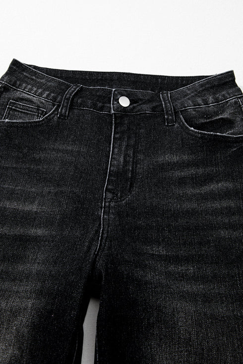 Vintage Wash Distressed Raw Hem High Waist Flared Jeans