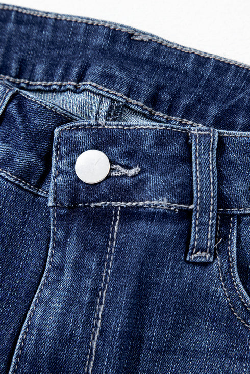 Vintage Wash Distressed Raw Hem High Waist Flared Jeans