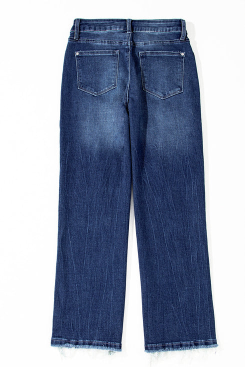 Vintage Wash Distressed Raw Hem High Waist Flared Jeans
