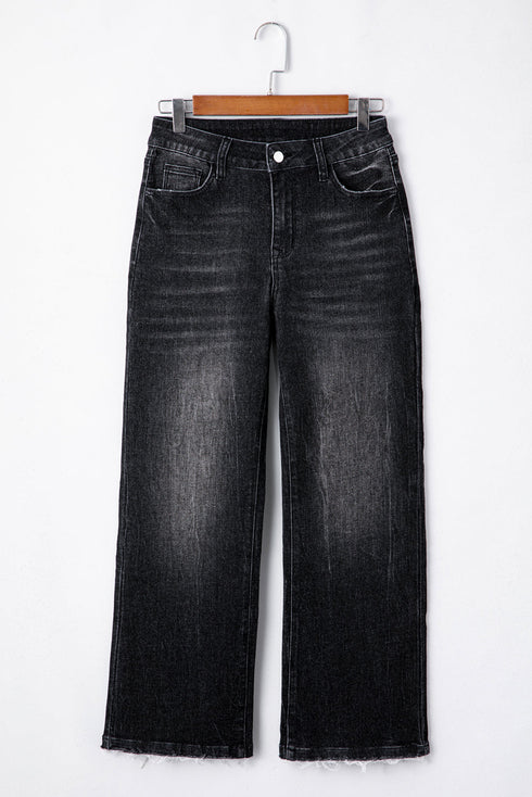 Vintage Wash Distressed Raw Hem High Waist Flared Jeans
