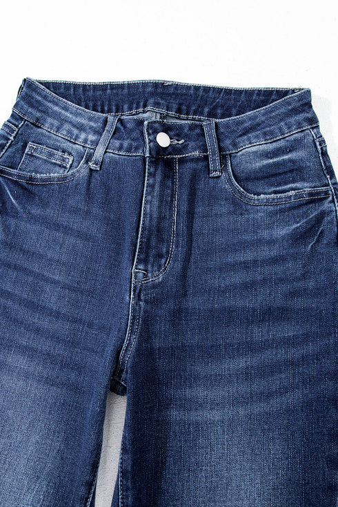 Vintage Wash Distressed Raw Hem High Waist Flared Jeans