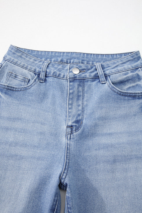 Vintage Wash Distressed Raw Hem High Waist Flared Jeans