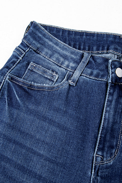 Vintage Wash Distressed Raw Hem High Waist Flared Jeans
