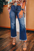 Vintage Wash Distressed Raw Hem High Waist Flared Jeans