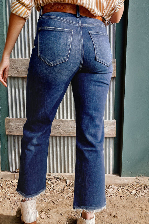 Vintage Wash Distressed Raw Hem High Waist Flared Jeans