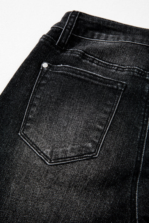 Vintage Wash Distressed Raw Hem High Waist Flared Jeans