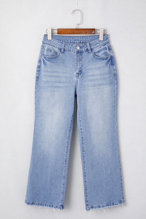 Vintage Wash Distressed Raw Hem High Waist Flared Jeans