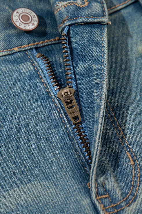 Vintage Wash Double Button Front Patch Pocket Flare Jeans