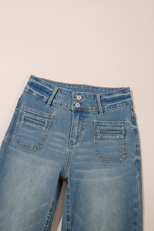 Vintage Wash Double Button Front Patch Pocket Flare Jeans