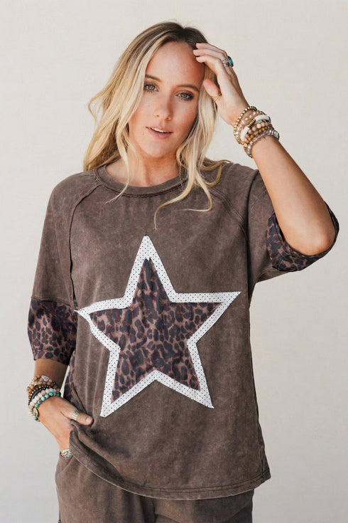 Vintage Wash Exposed Seam Leopard Star Applique Tee