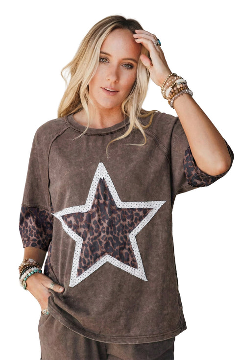Vintage Wash Exposed Seam Leopard Star Applique Tee
