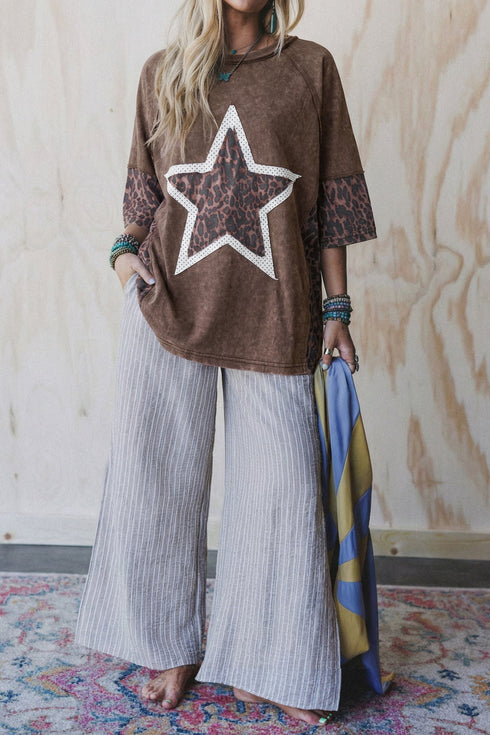 Vintage Wash Exposed Seam Leopard Star Applique Tee