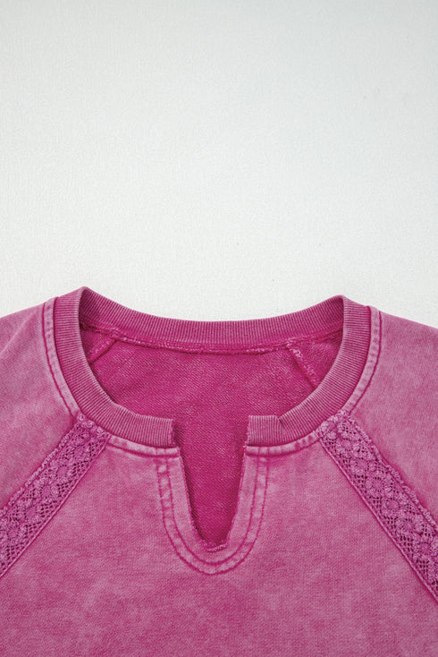 Vintage Wash Split Neck Crochet Sleeve Sweatshirt
