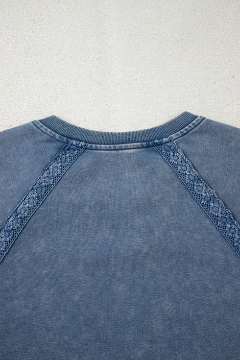 Vintage Wash Split Neck Crochet Sleeve Sweatshirt