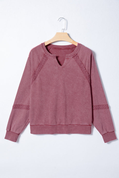 Vintage Wash Split Neck Crochet Sleeve Sweatshirt