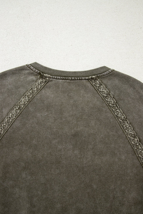 Vintage Wash Split Neck Crochet Sleeve Sweatshirt