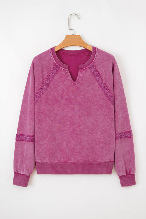 Vintage Wash Split Neck Crochet Sleeve Sweatshirt