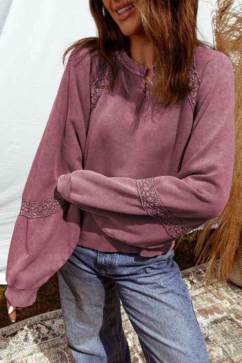 Vintage Wash Split Neck Crochet Sleeve Sweatshirt