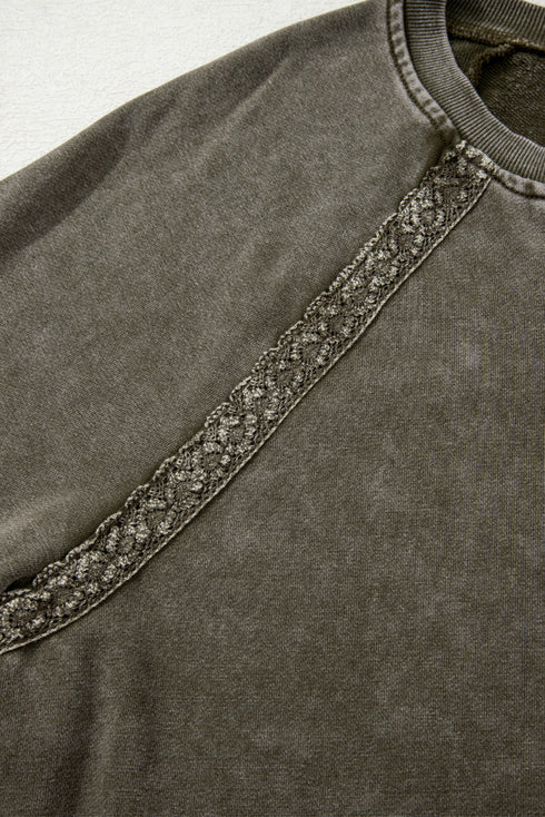 Vintage Wash Split Neck Crochet Sleeve Sweatshirt