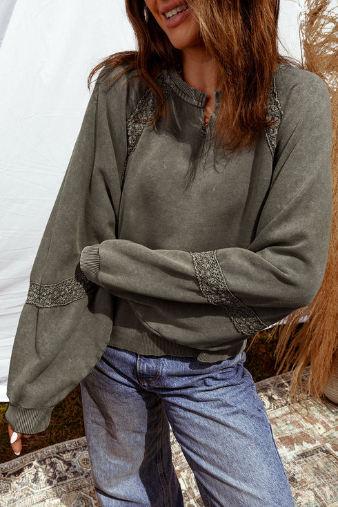 Vintage Wash Split Neck Crochet Sleeve Sweatshirt