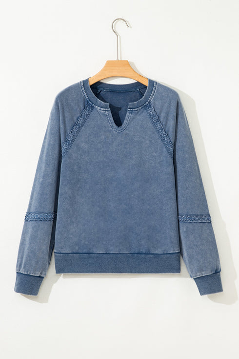 Vintage Wash Split Neck Crochet Sleeve Sweatshirt